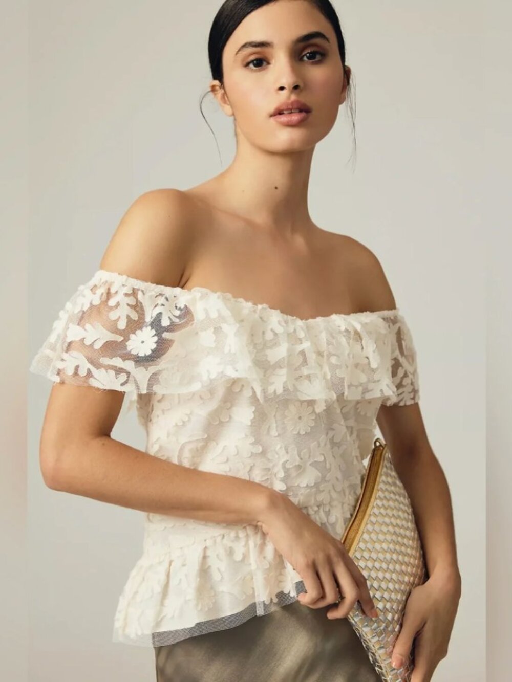 NWT By Anthropologie | Textured Lace Off The Shoulder Blouse Ivory | Size Small